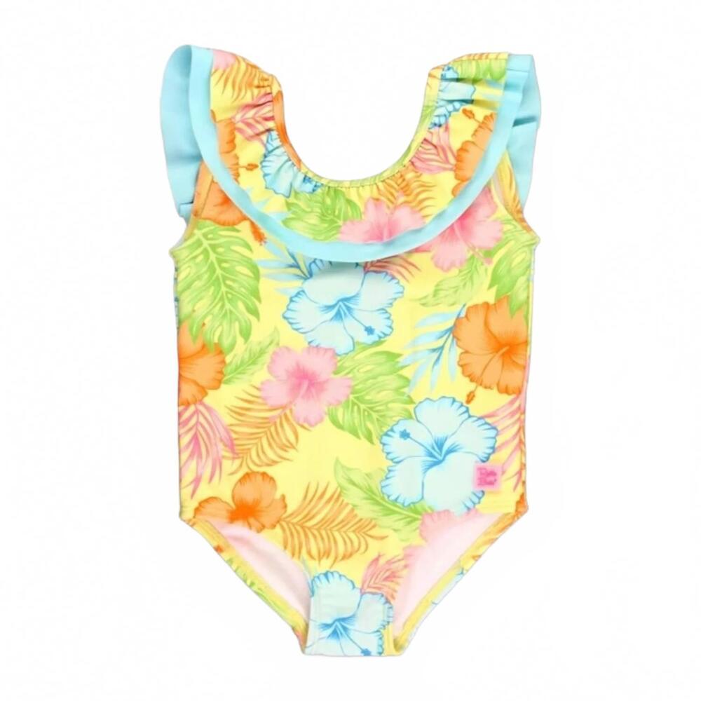 NEW RUFFLEBUTTS girls' scoopback ruffle one piece swim suit in happy hula